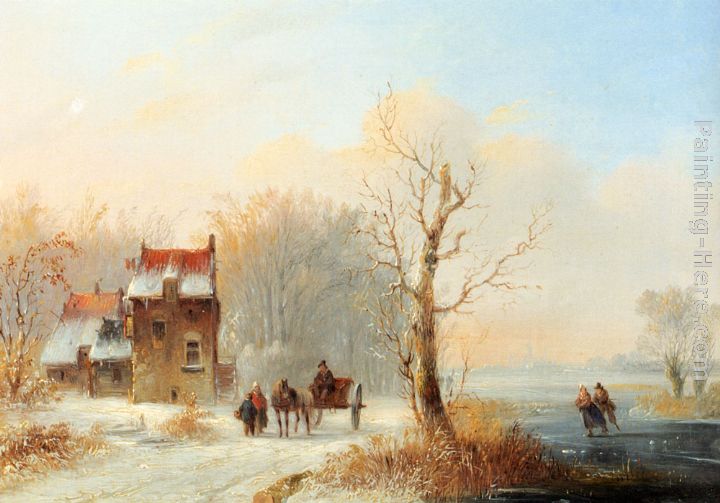 A Winter Landscape With Skaters On A Frozen waterway And A Horse-drawn Cart On A Snow-covered Track painting - Jacobus Van Der Stok A Winter Landscape With Skaters On A Frozen waterway And A Horse-drawn Cart On A Snow-covered Track art painting